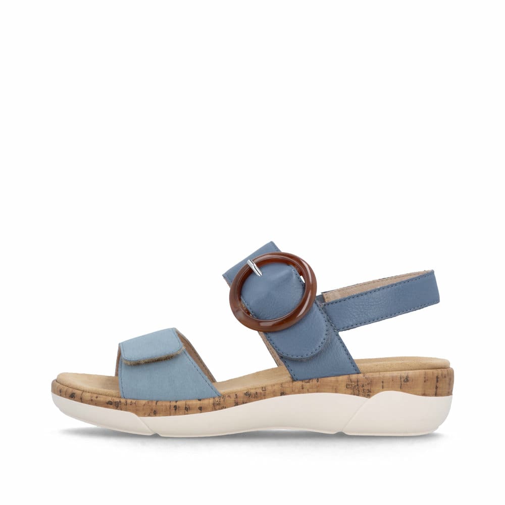 Sandales à lanières remonte bleues femme R6853-15 avec boucle tendance. Côté extérieur de la chaussure.