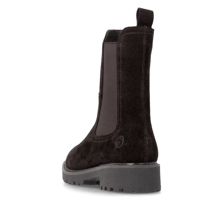 Dunkelbraune remonte Chelsea Boots D8694-26 mit einem Reißverschluss. Schuh von hinten.