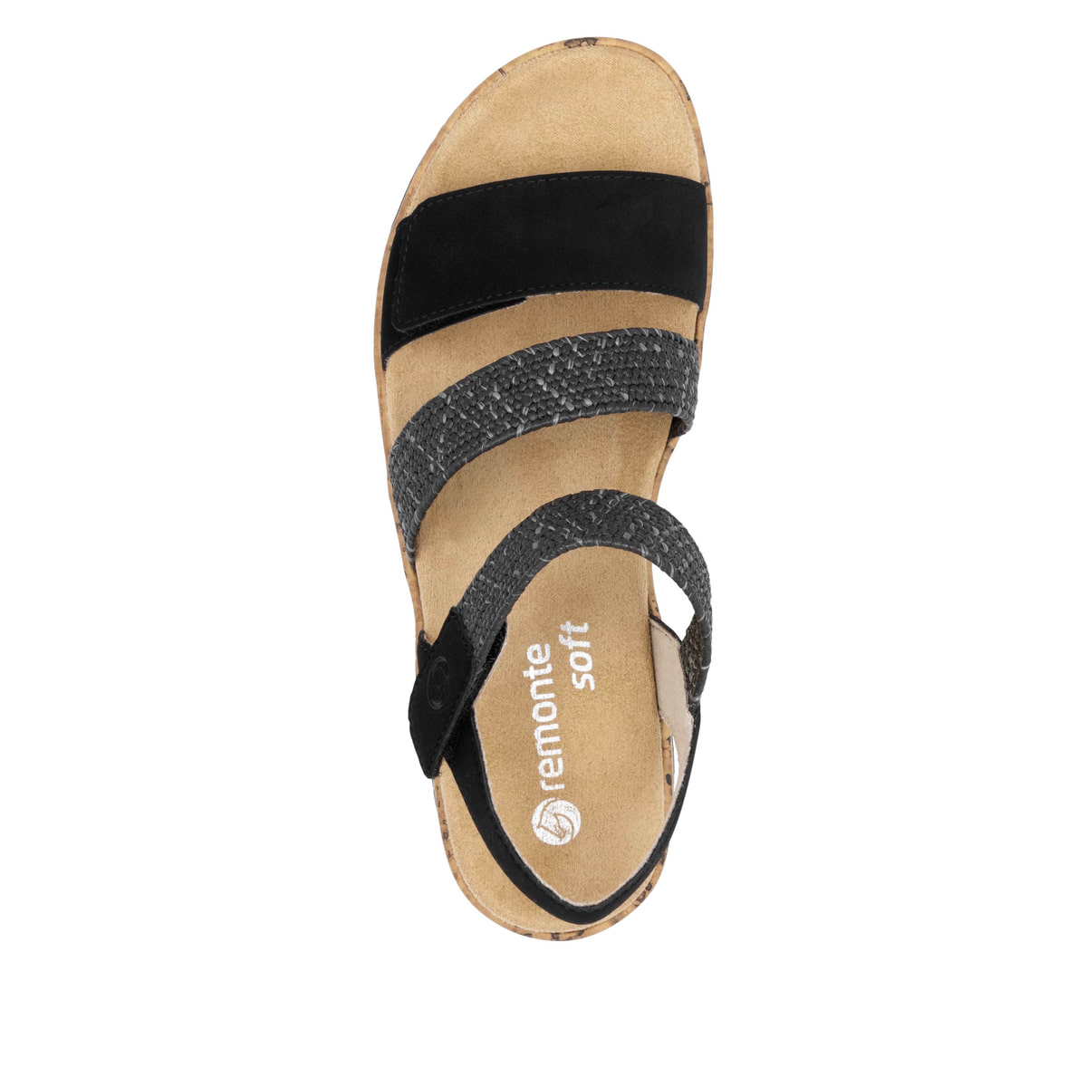 Schwarze remonte Riemchensandalen R6861-02 mit einem Klettverschluss. Schuh von oben.