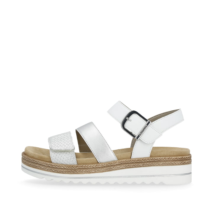 Silberne vegane remonte Riemchensandalen D0Q55-90 mit einem Klettverschluss. Schuh Außenseite.