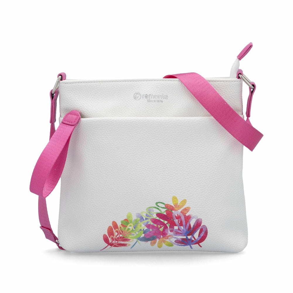 remonte Umhängetasche Q0638-80 in Weiß-Kombi mit bunten Farbakzenten, praktischen Innentaschen und verstellbarem Schulterriemen. Vorderseite.