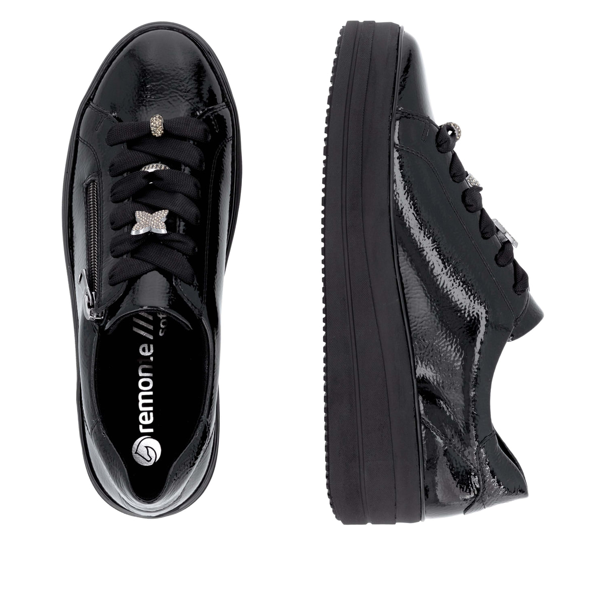 Schwarze remonte Damen Sneaker D1C09-00 mit dekorativem Schmuckdetail. Schuh von oben, liegend.