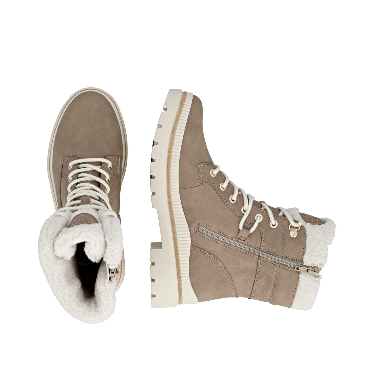 Dunkelbeige remonte Damen Schnürstiefel D0C77-20 mit griffiger Glass-Fibre Sohle. Schuh von oben, liegend.