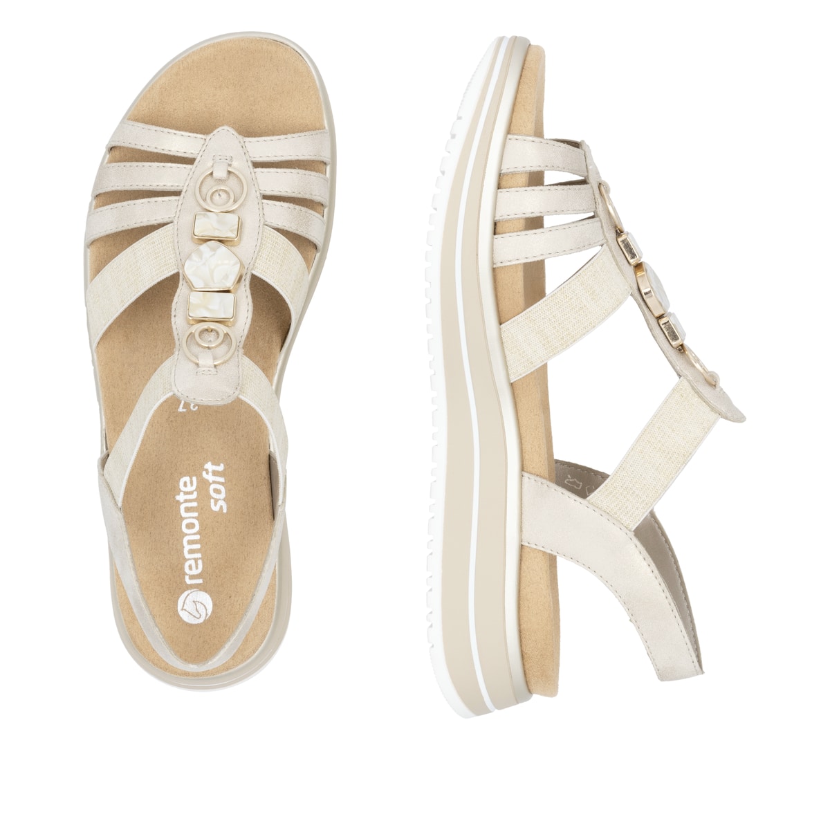Goldene vegane remonte Riemchensandalen D1J60-91 mit einem Gummizug. Schuh von oben, liegend.