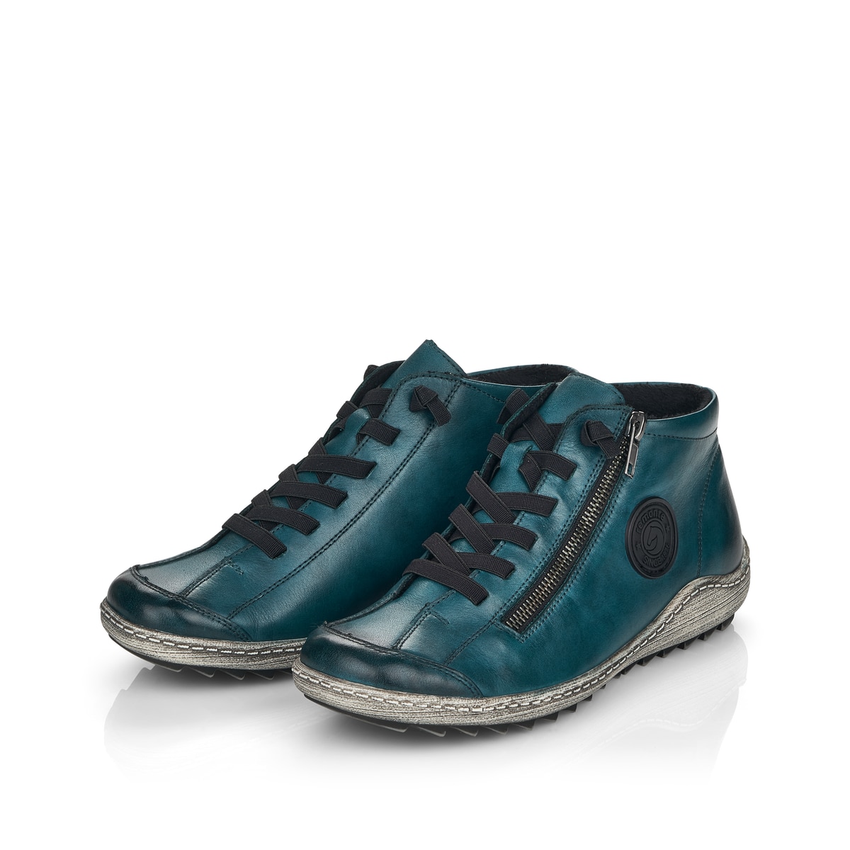 
Blaue remonte Damen Schnürschuhe R1498-12 mit Schnürung und Reißverschluss. Schuhpaar schräg.