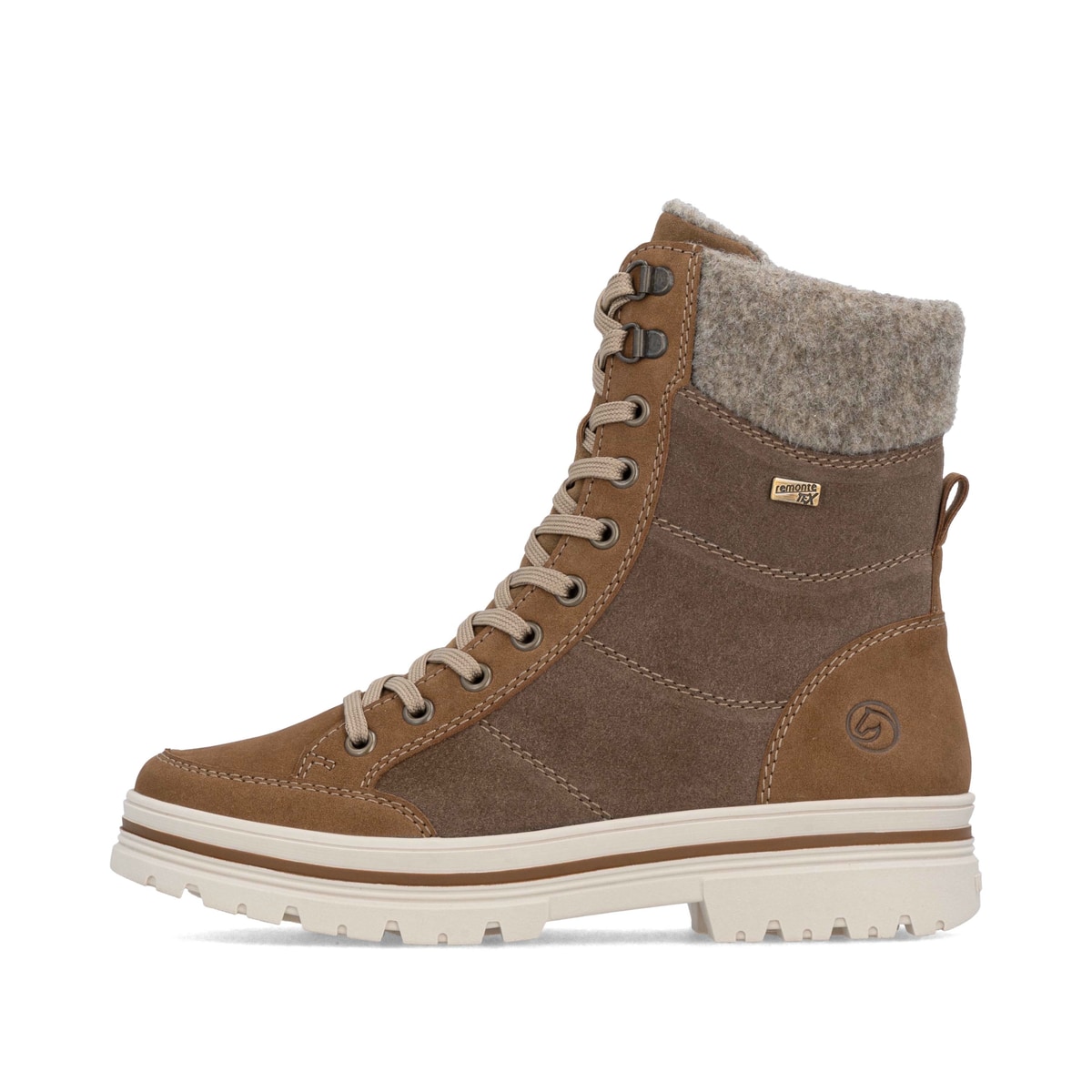 Braune remonte Damen Schnürstiefel D2U70-20 mit griffiger Glass-Fibre Sohle. Schuh Außenseite.