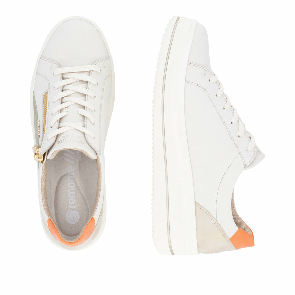Weiße remonte Damen Sneaker Low D1C01-81 mit Reißverschluss sowie Komfortweite G. Schuh von oben, liegend.