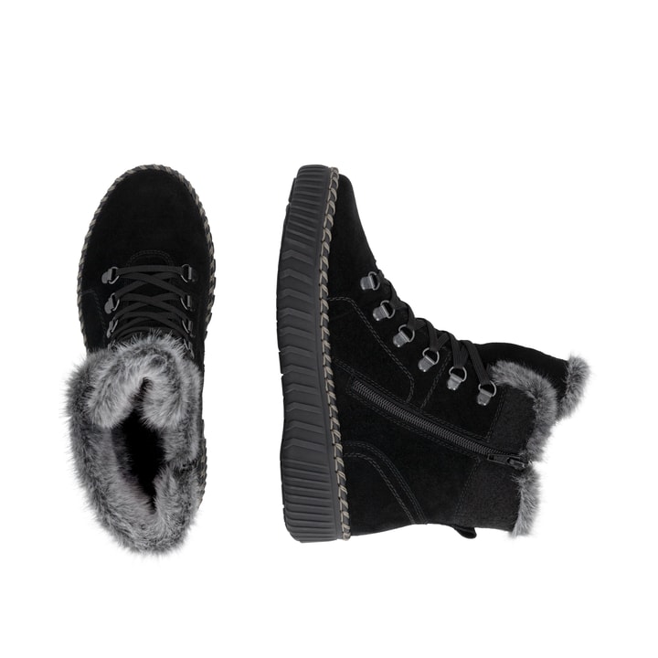 Schwarze remonte Damen Schnürstiefel D4A70-03 mit wasserabweisender TEX-Membran. Schuh von oben, liegend.