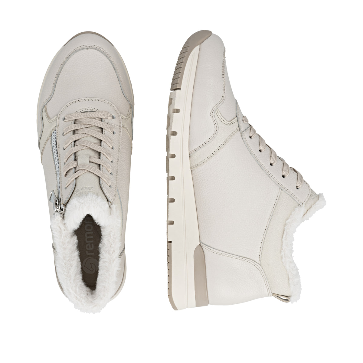 Weiße remonte Damen Sneaker R6773-80 mit wasserabweisender remonteTEX-Membran. Schuh von oben, liegend.