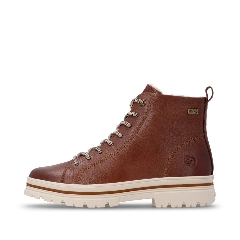 Braune remonte Damen Schnürstiefel D2U75-24 mit wasserabweisender TEX-Membran. Schuh Außenseite.