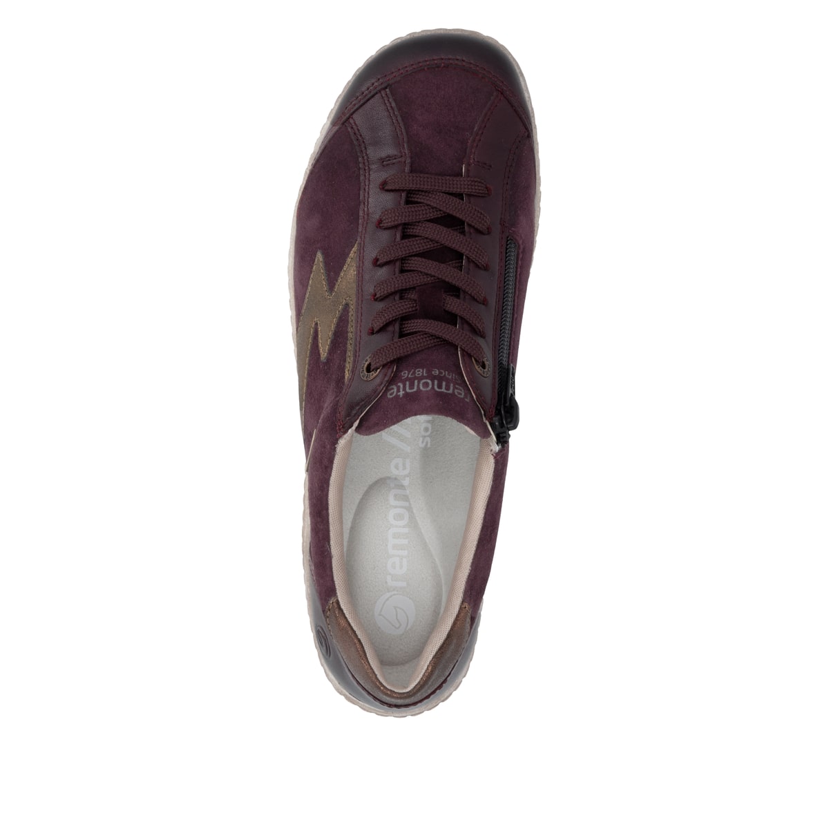 Weinrot-bronzene remonte Damen Schnürschuhe R1443-35. Schuh von oben.
