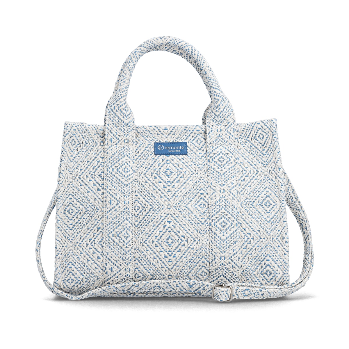 Sac à main remonte Q0766-12 bleu avec tissu tressé et fermeture éclair. Devant.