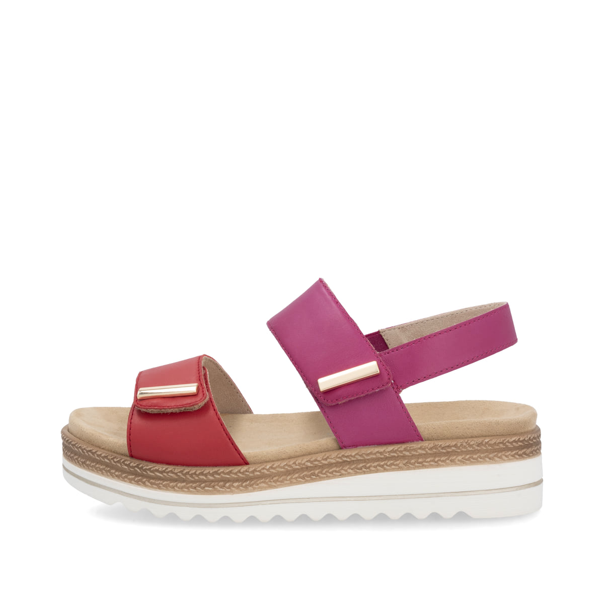 Rosane remonte Keilsandaletten D0Q59-31 mit einem Klettverschluss. Schuh Außenseite.