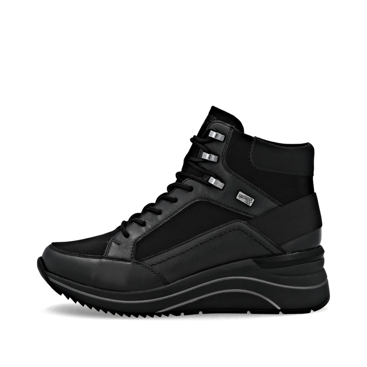 Schwarze remonte Damen Schnürstiefel D0T79-00 mit wasserabweisender TEX-Membran. Schuh Außenseite.