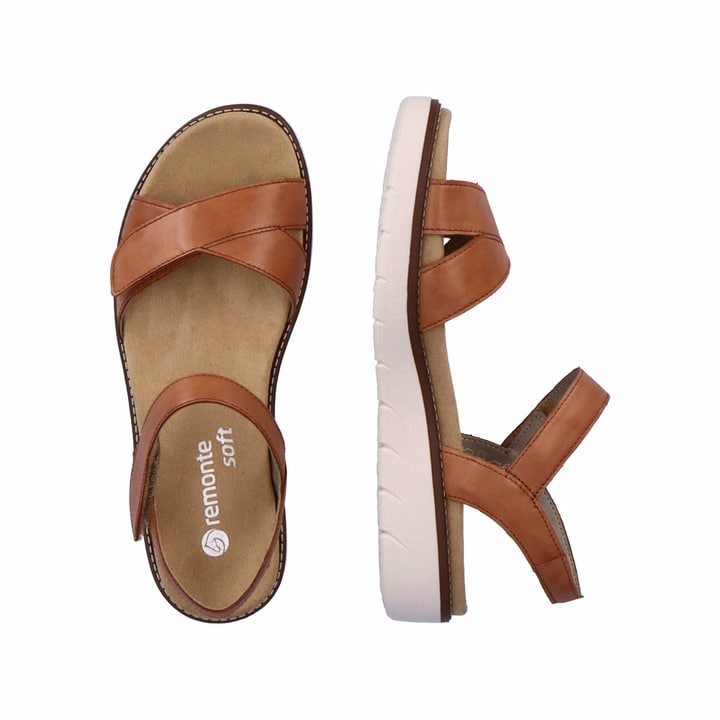 Braune remonte Riemchensandalen D2049-22 mit einem Klettverschluss. Schuh von oben, liegend.