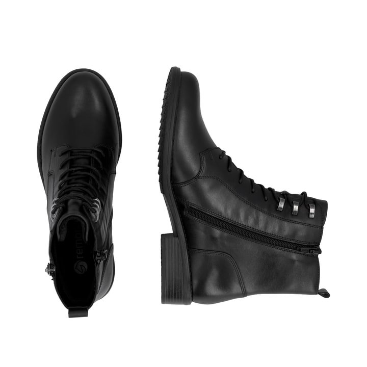Schwarze remonte Damen Stiefeletten D0F82-00 mit einem Reißverschluss. Schuh von oben, liegend.