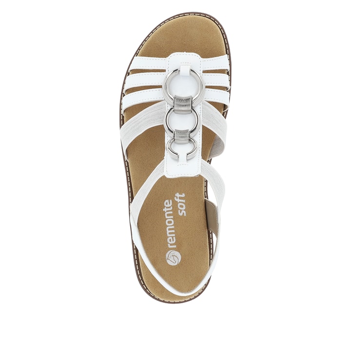 Weiße vegane remonte Riemchensandalen D2073-80 mit einem Gummizug. Schuh von oben.
