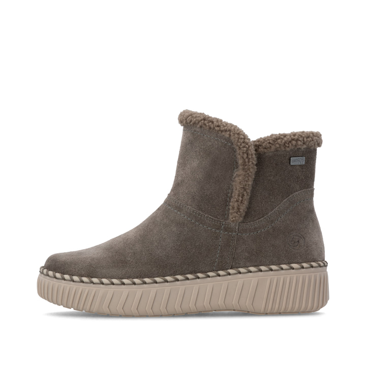 Graue remonte Damen Kurzstiefel D4A73-45 mit wasserabweisender TEX-Membran. Schuh Außenseite.