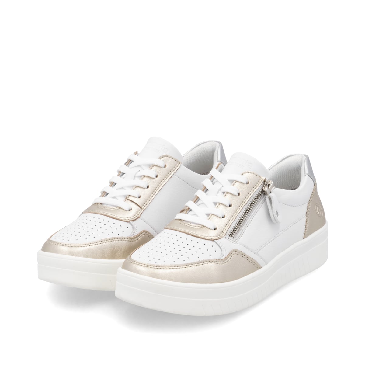 Weiße remonte Damen Sneaker Low D0J05-81 mit einem Reißverschluss. Schuhpaar seitlich schräg.