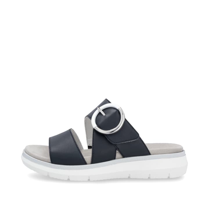 Blaue remonte Damen Pantoletten D2K51-14 mit einem Klettverschluss. Schuh Außenseite.