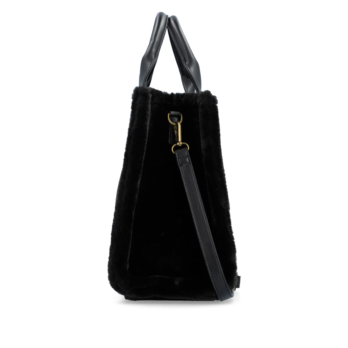 remonte Shopper Q0766-00 in Schwarz mit Reißverschluss, zusätzlichem Schulterriemen und fluffy Obermaterial. Rechtsseitig.