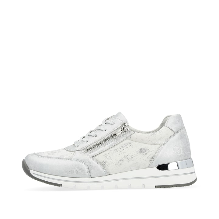 Silberne remonte Damen Sneaker Low R6700-91 mit einem Reißverschluss. Schuh Außenseite.