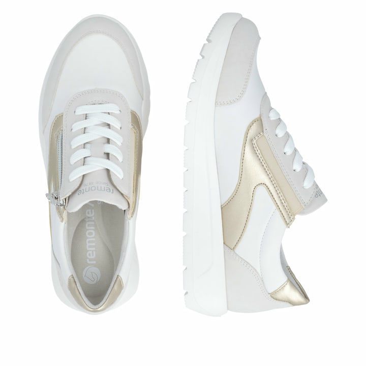 Weißgraue vegane remonte Damen Schnürschuhe D2V02-80 mit einem Reißverschluss. Schuh von oben, liegend.