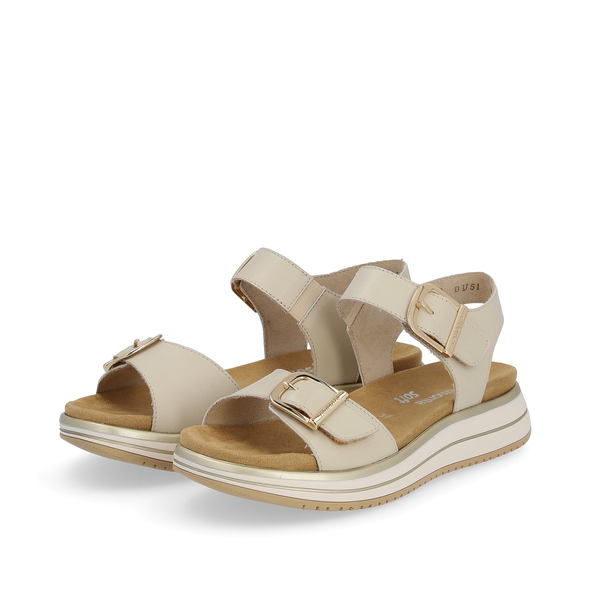Beige remonte Riemchensandalen D1J51-80 mit einem Klettverschluss. Schuhpaar seitlich schräg.
