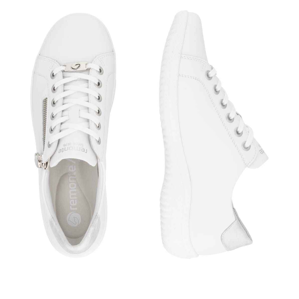 Weiße remonte Damen Schnürschuhe D1E03-80 mit einem Reißverschluss. Schuh von oben, liegend.