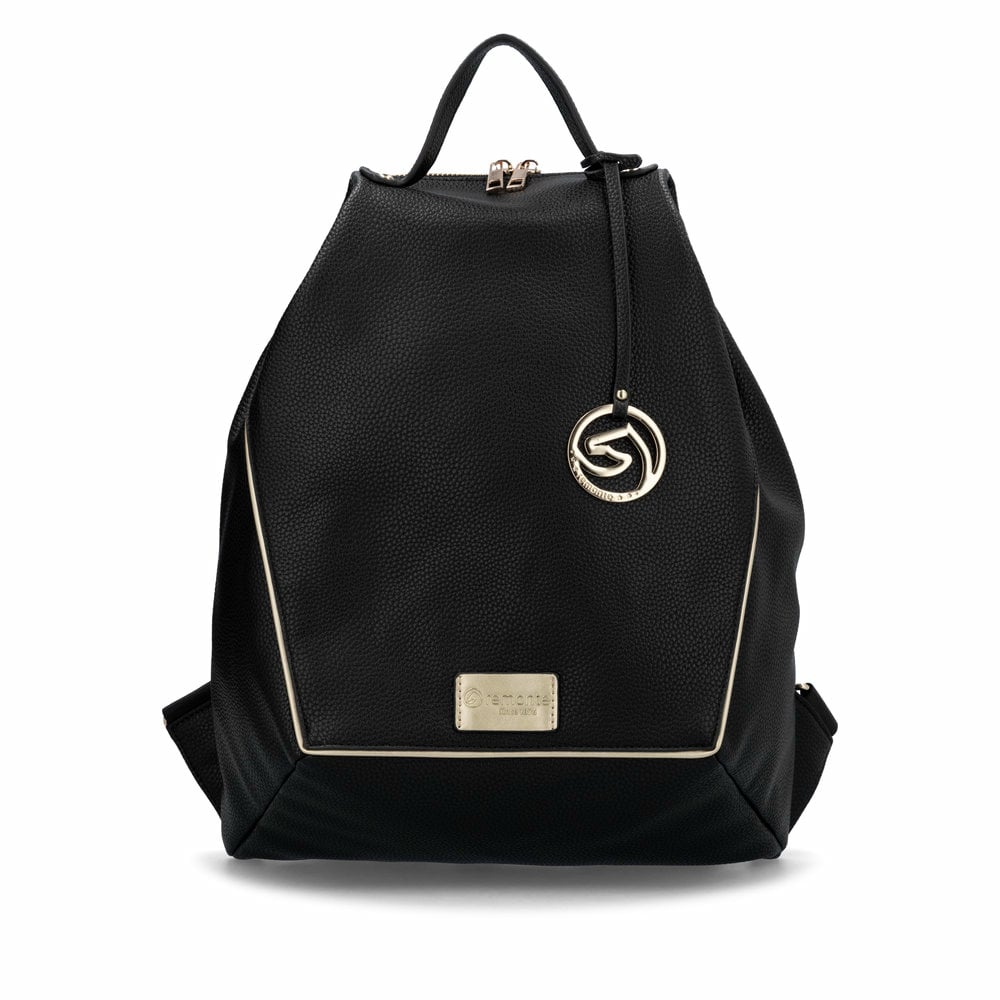 remonte Rucksack Q0534-00 in Schwarz-Kombi mit sicherem Rückenfach und geräumigem Hauptfach. Vorderseite.