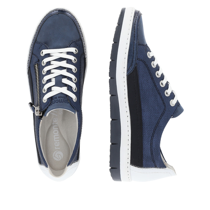 Blaue remonte Damen Sneaker Low D5826-15 mit einem Reißverschluss. Schuh von oben, liegend.