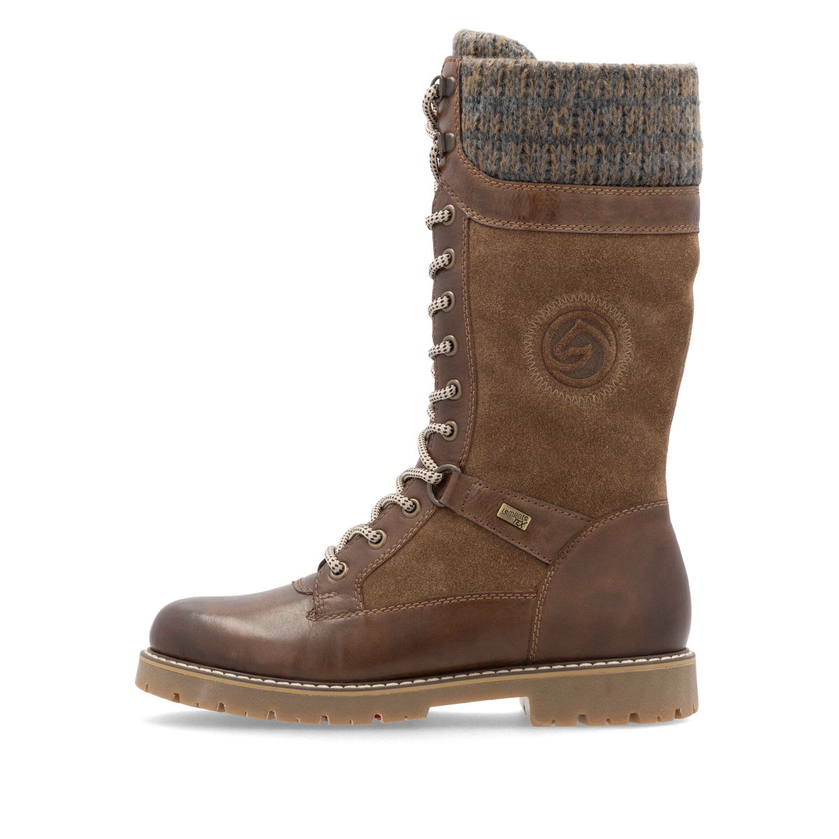 Nougatbraune remonte Damen Schnürstiefel D9380-20 mit Flip-Grip Sohle. Schuh Außenseite.