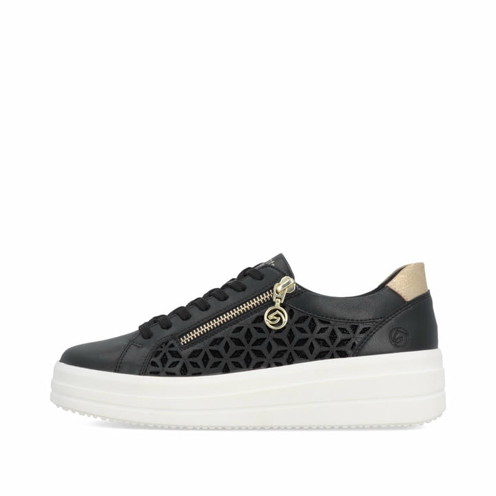 Baskets basses remonte noires pour femme D1C11-03 avec fermeture éclair. Côté extérieur de la chaussure.