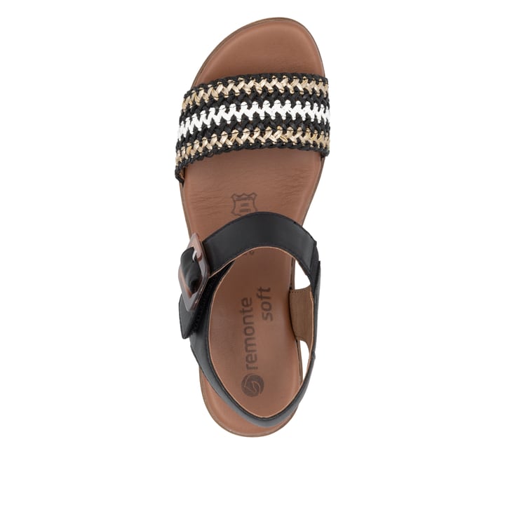 Schwarze remonte Riemchensandaletten D0N58-03 mit einem Klettverschluss. Schuh von oben.