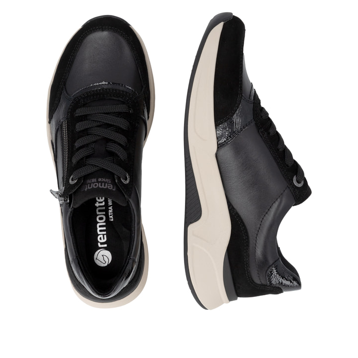 Schwarz-silberne remonte Damen Sneaker D3V00-04. Schuh von oben, liegend.