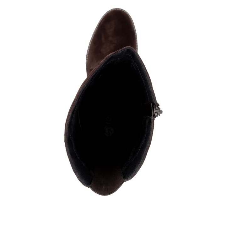 Dunkelbraune remonte Hochschaftstiefel D2A78-25 mit einem Reißverschluss. Schuh von oben.