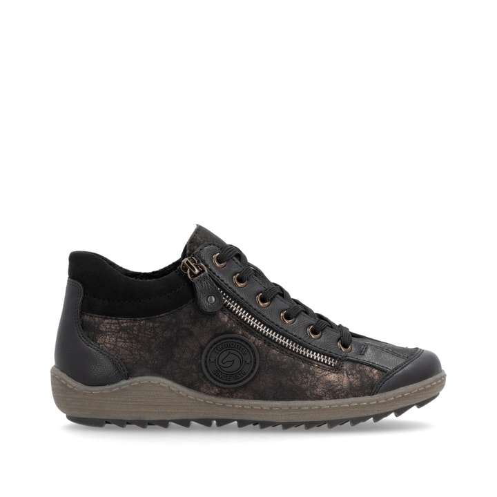 Schwarz-bronzene remonte Damen Schnürstiefel R1477-90 mit einem Reißverschluss. Schuh Außenseite gespiegelt.