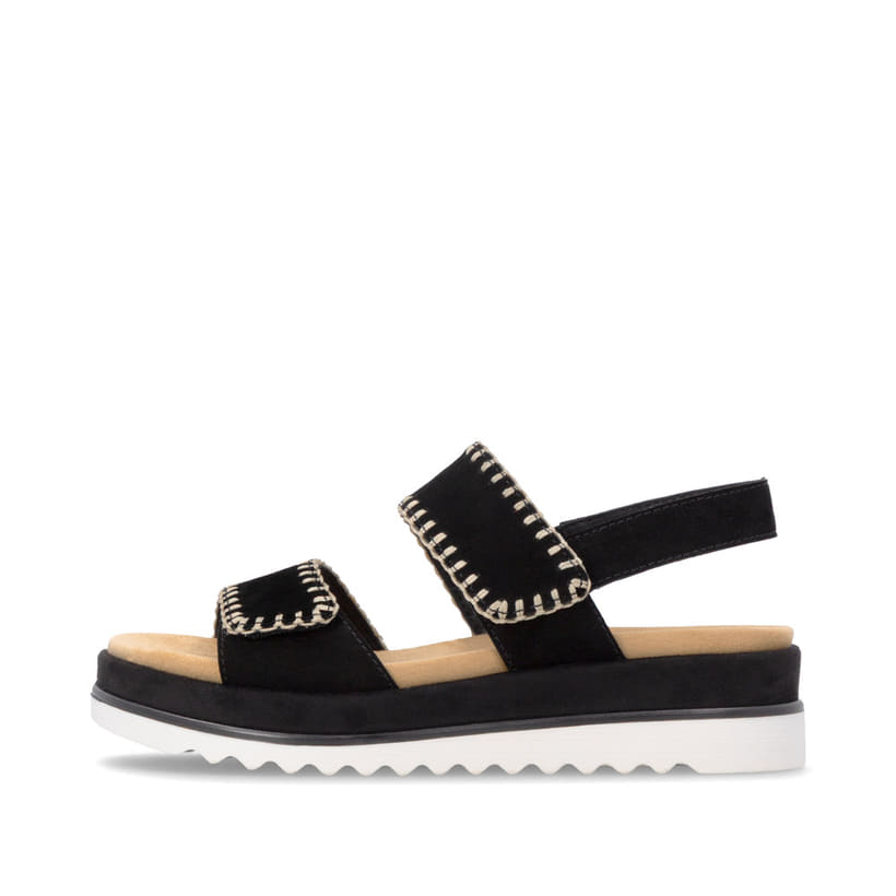 Schwarze remonte Riemchensandalen D3P50-02 mit handgestickten Nähten. Schuh Außenseite.