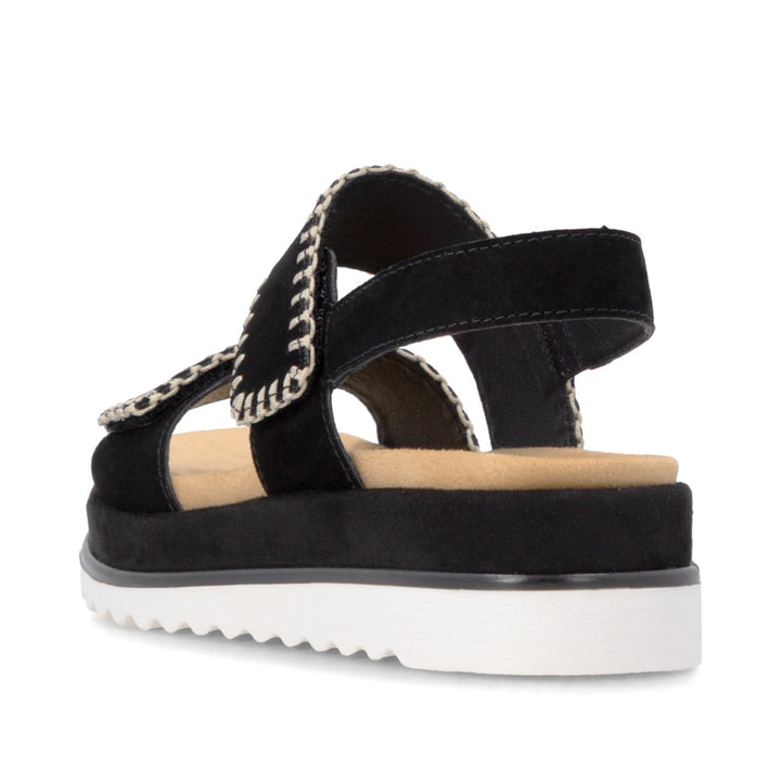 Schwarze remonte Riemchensandalen D3P50-02 mit handgestickten Nähten. Schuh von hinten.