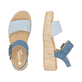 Blaue remonte Riemchensandaletten D1N54-12 mit einem Klettverschluss. Schuh von oben, liegend.