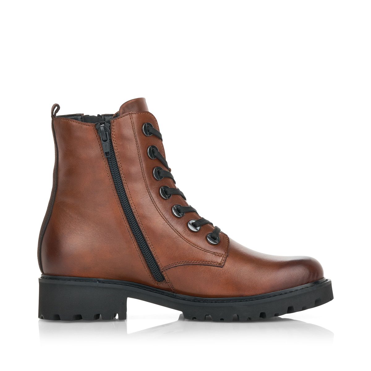 Schokobraune remonte Damen Biker Boots D8671-22 mit Schnürung und Reißverschluss. Schuh Innenseite