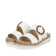 Weiße remonte Damen Pantoletten D0Q51-82 mit einem Klettverschluss. Schuhpaar seitlich schräg.