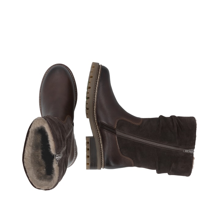 Dunkelbraune remonte Hochschaftstiefel D0B80-25. Schuh von oben, liegend.