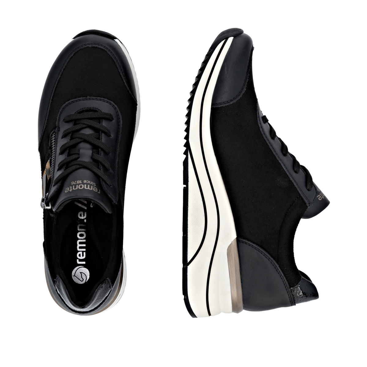 Vegane, schwarze remonte Damen Sneaker D0T09-04 mit einem Reißverschluss. Schuh von oben, liegend.