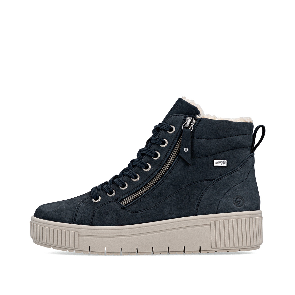 Blaubeige remonte Damen Kurzstiefel D3B71-14 mit einem Reißverschluss. Schuh Außenseite.