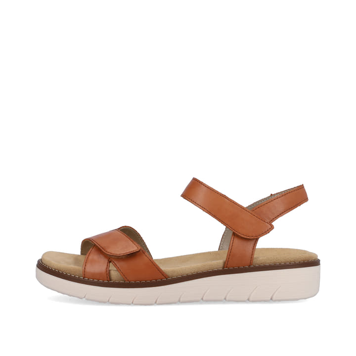 Braune remonte Riemchensandalen D2049-22 mit einem Klettverschluss. Schuh Außenseite.
