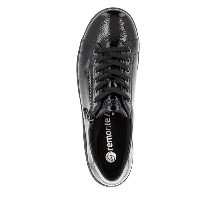 Schwarze remonte Damen Schnürschuhe D1E03-01 mit einem Reißverschluss. Schuh von oben.
