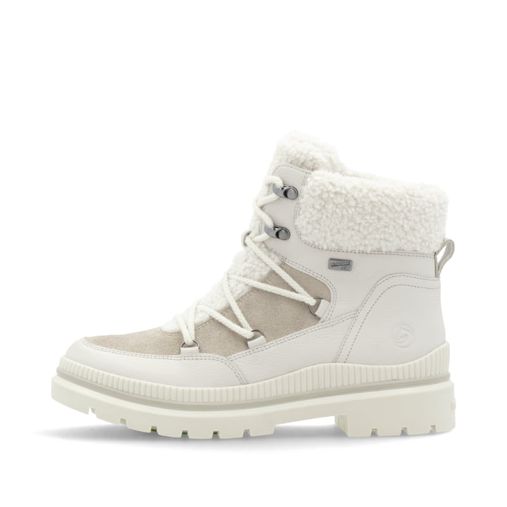 Altweiße remonte Damen Schnürstiefel D0C80-80 mit griffiger Glass-Fibre Sohle. Schuh Außenseite.