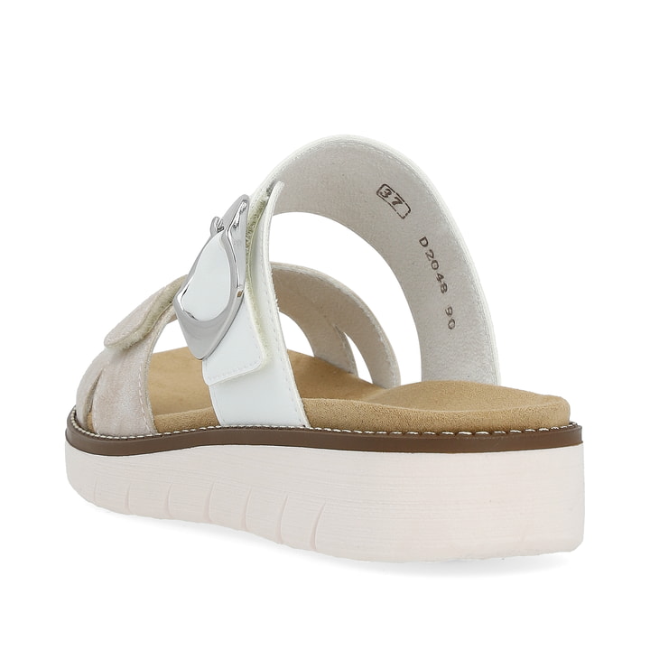 Weiße vegane remonte Damen Pantoletten D2048-90 mit einem Klettverschluss. Schuh von hinten.
