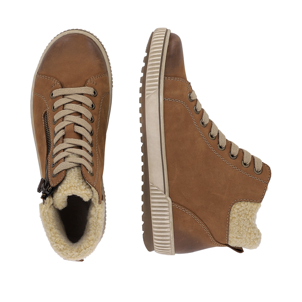 Cognacfarbene remonte Damen Schnürstiefel D0770-22. Schuh von oben, liegend.
